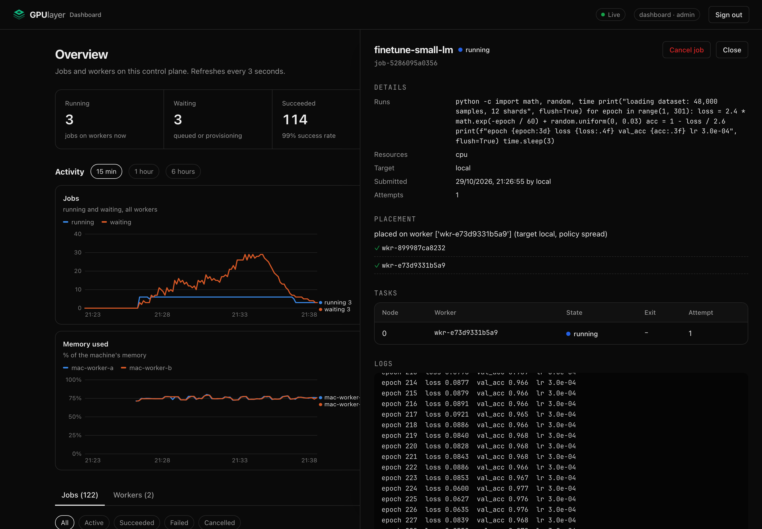 A running job: placement, tasks and live logs